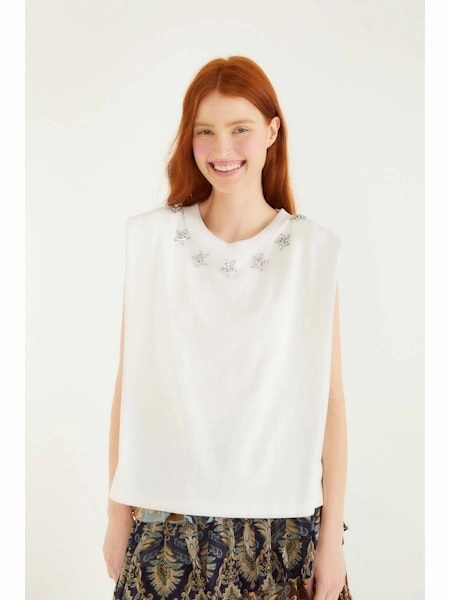 Sparkling Off White T Shirt Stretch Weave Construction