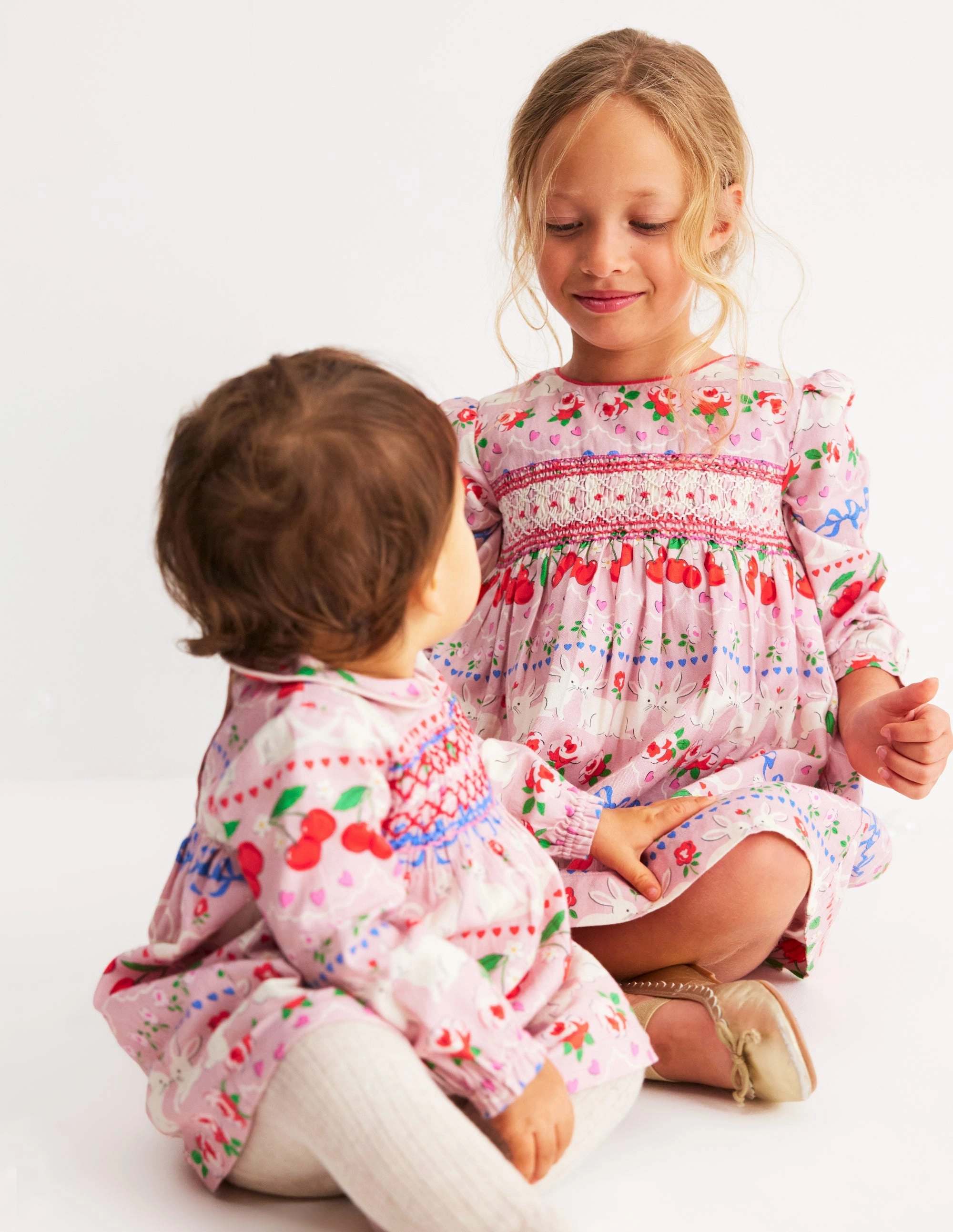 Woven Party Dress-Pink Valentines Bunnies Sleek Texture