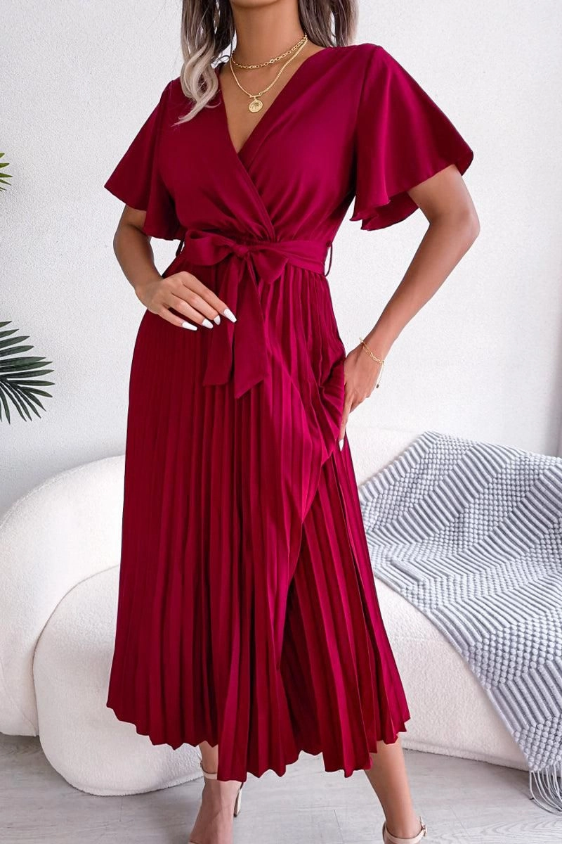 WOMEN CAPE SLEEVE TIED WAIST PLEATED LONG DRESS Sharp Fit