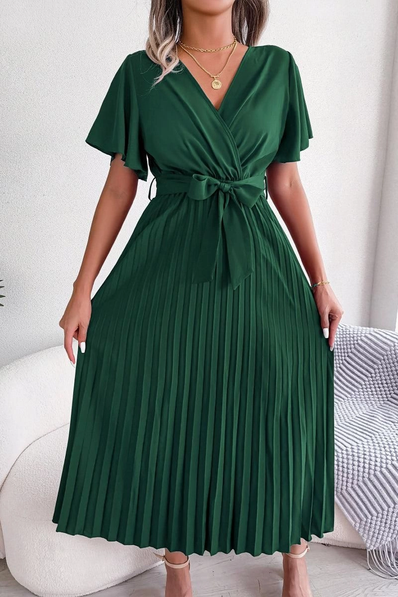 Smart touch Classic-style WOMEN CAPE SLEEVE TIED WAIST PLEATED LONG DRESS