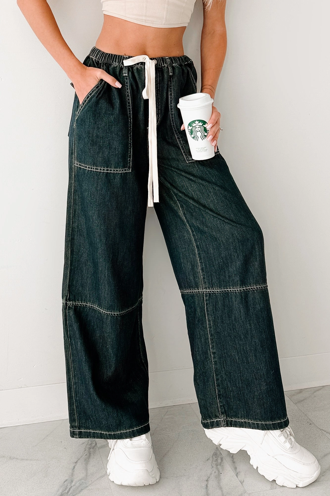 Moisture Management Chill Energy Wide Leg Drawstring Pants (Grey Denim)