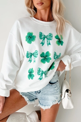 Durable Overlock Stitch Anti Pilling Fabric St. Paddy's Day Graphic Crewneck Sweatshirt (White)