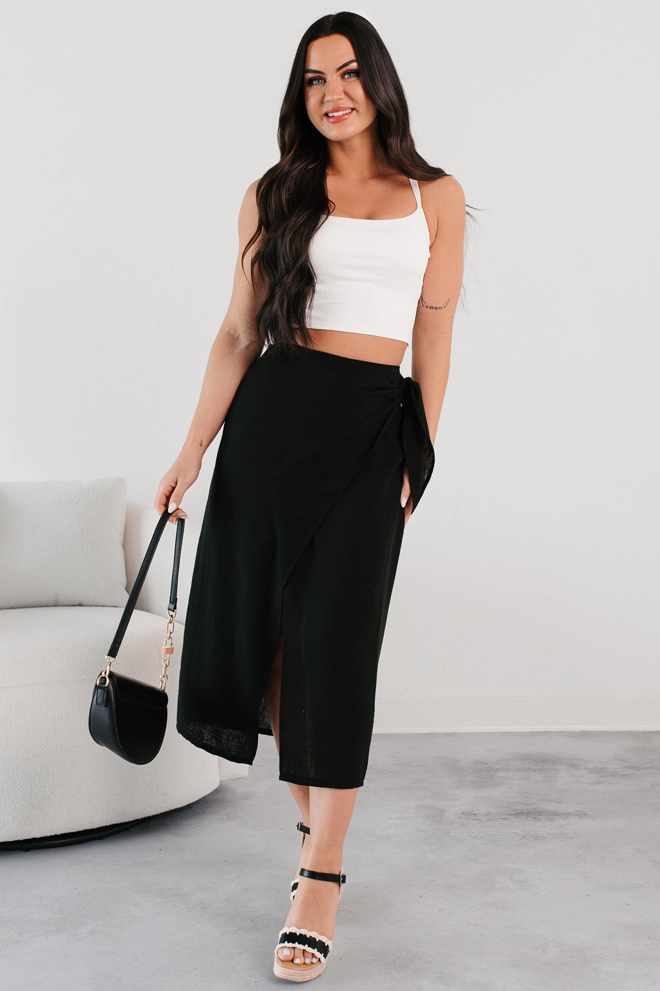 Sunlit Paths Woven Wrap Tie Skirt (Black) Leg Elongating Chic Fit
