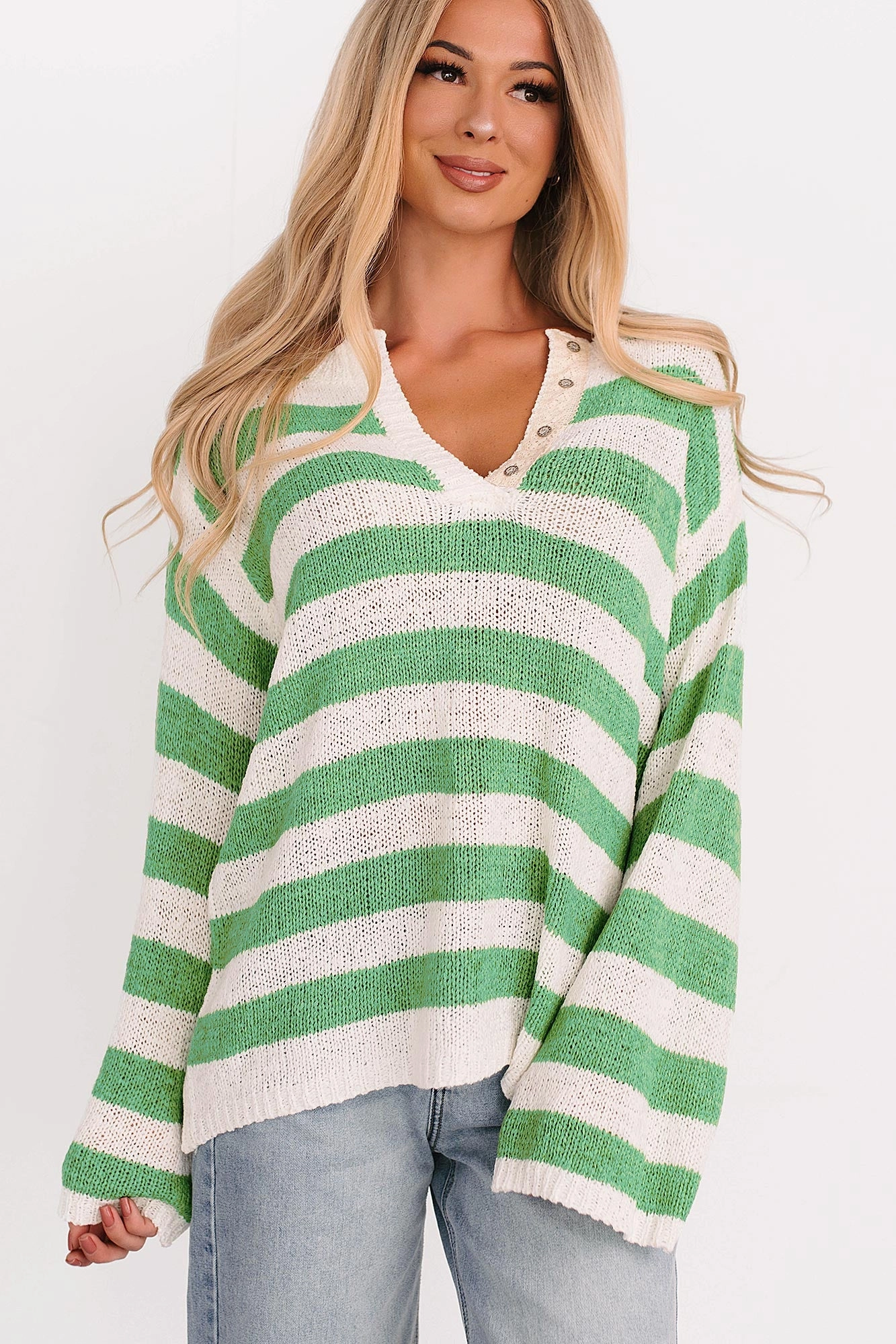 Textured Fabric Finish All Dressed Down Striped Knit POL Sweater (Green/Multi)