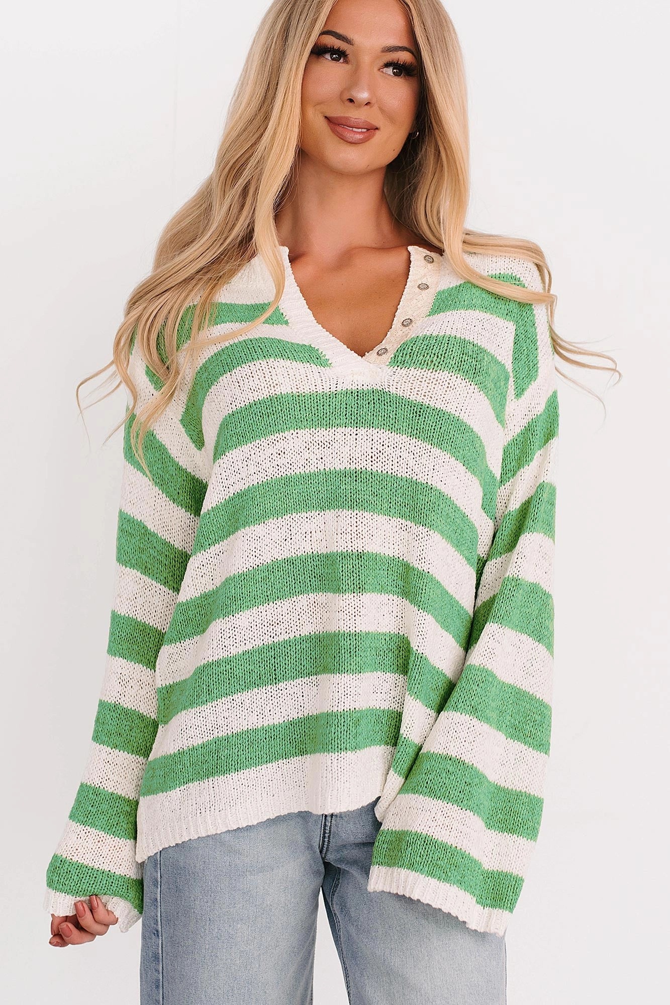 All Dressed Down Striped Knit POL Sweater (Green/Multi) Layered Hem Reinforcement MultipanelLayout