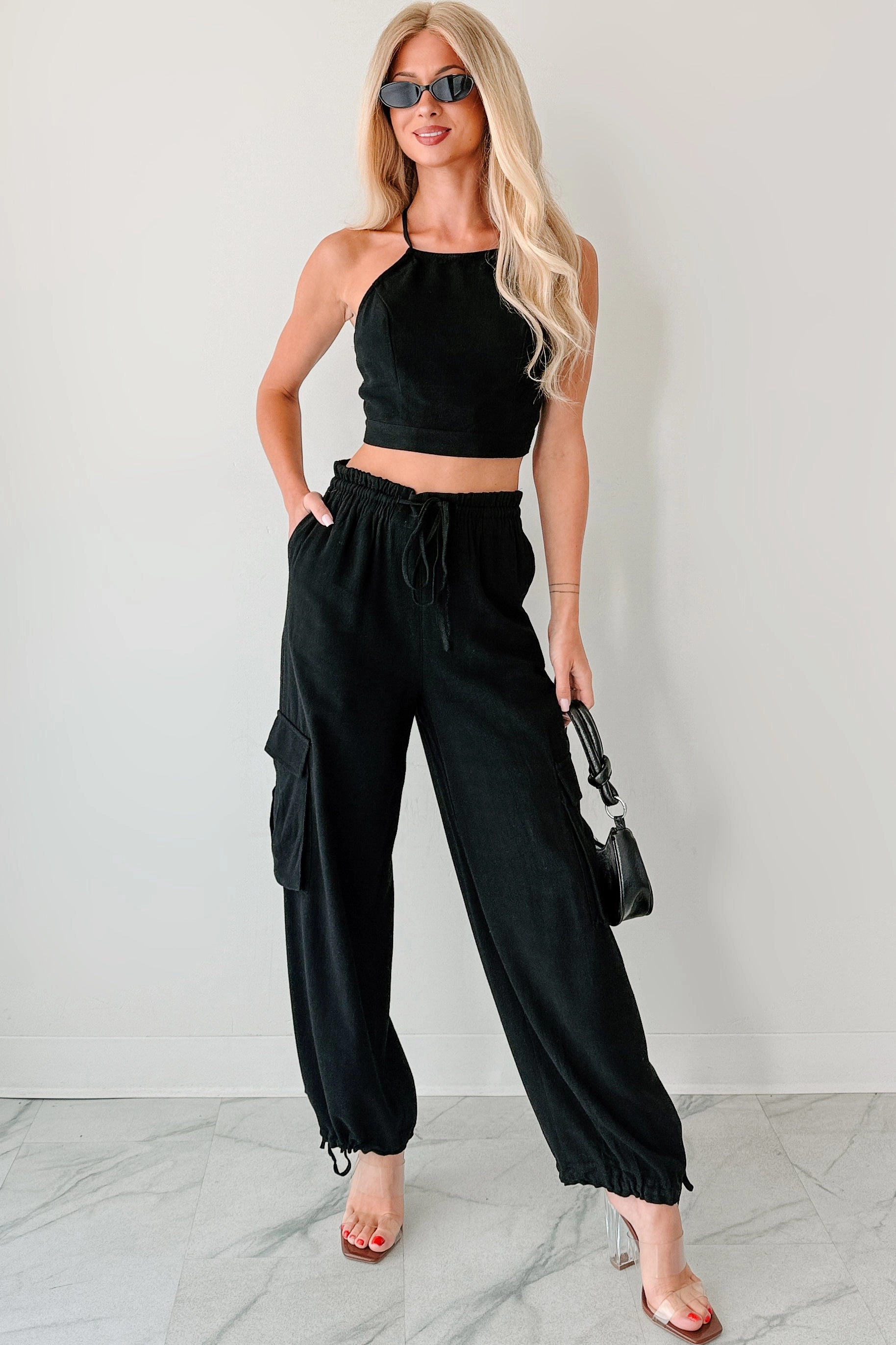 Functional Design Modular Attachment Steady & Sleek Crop Top & Cargo Pant Set (Black)