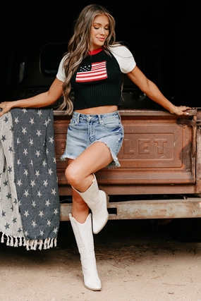 Ultrasoft Inner Lining Elasticated Trim Starlet Style USA Flag Sweater Top (Black/White)