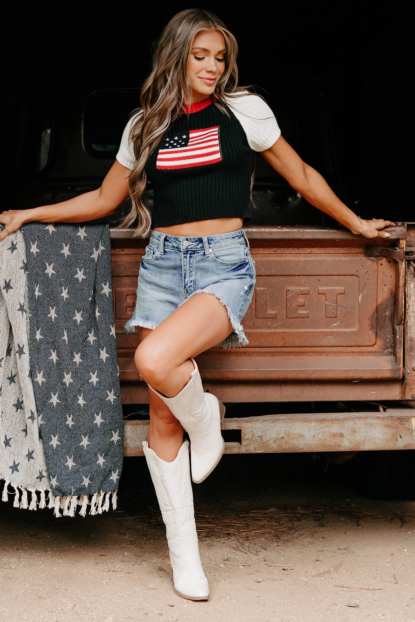 Starlet Style USA Flag Sweater Top (Black/White) Modern Silhouette