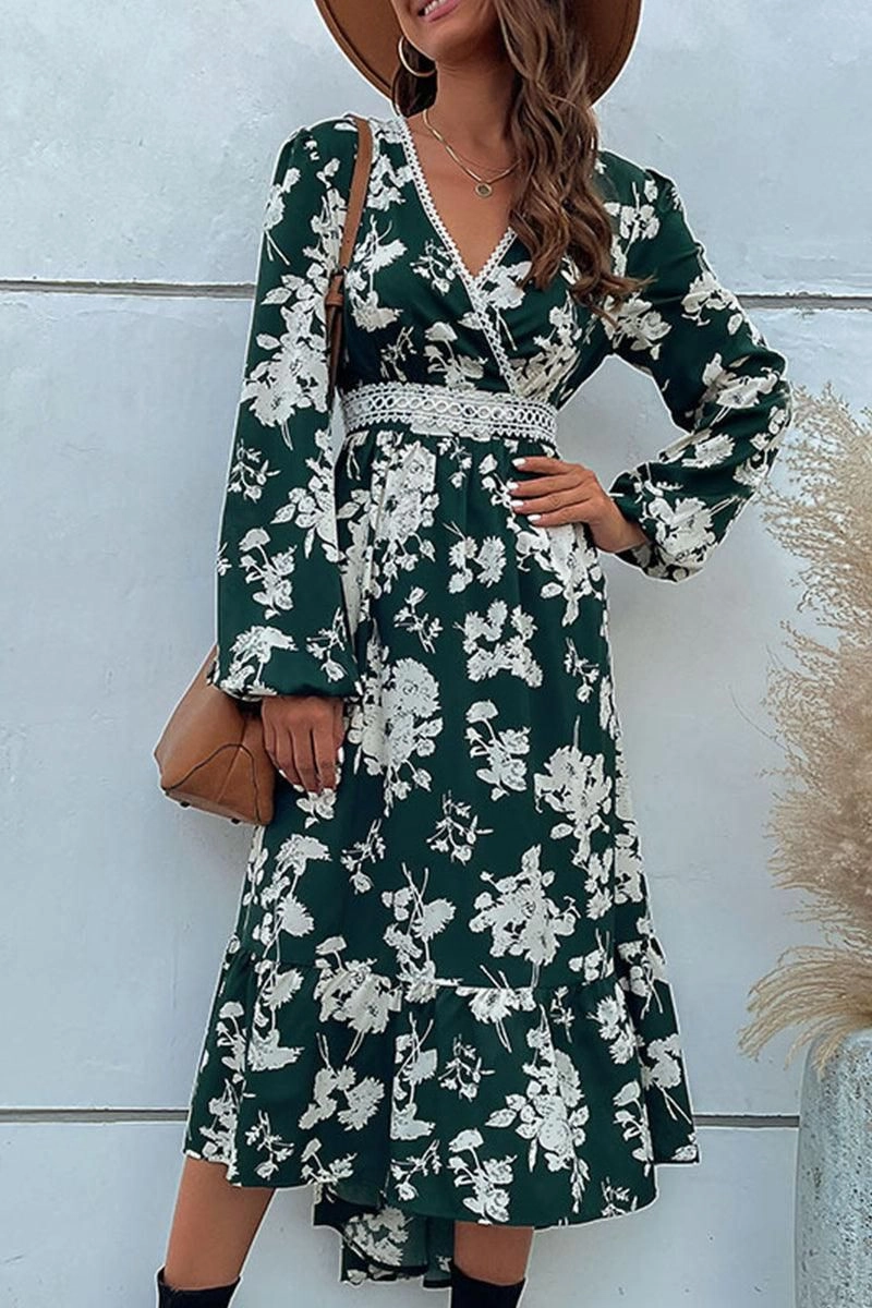 Neutral Mood Layer Base FLORAL PATTERN V NECK ELEGANT DRESS