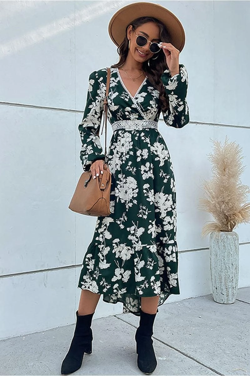 FLORAL PATTERN V NECK ELEGANT DRESS Travel piece Stylish Layering