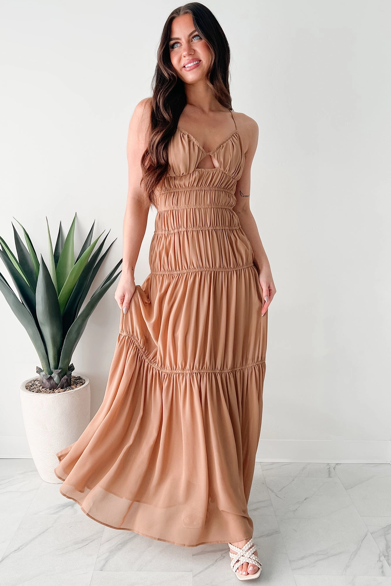 Strolling In Sicily Ruched Maxi Dress (Tan) Dream Look