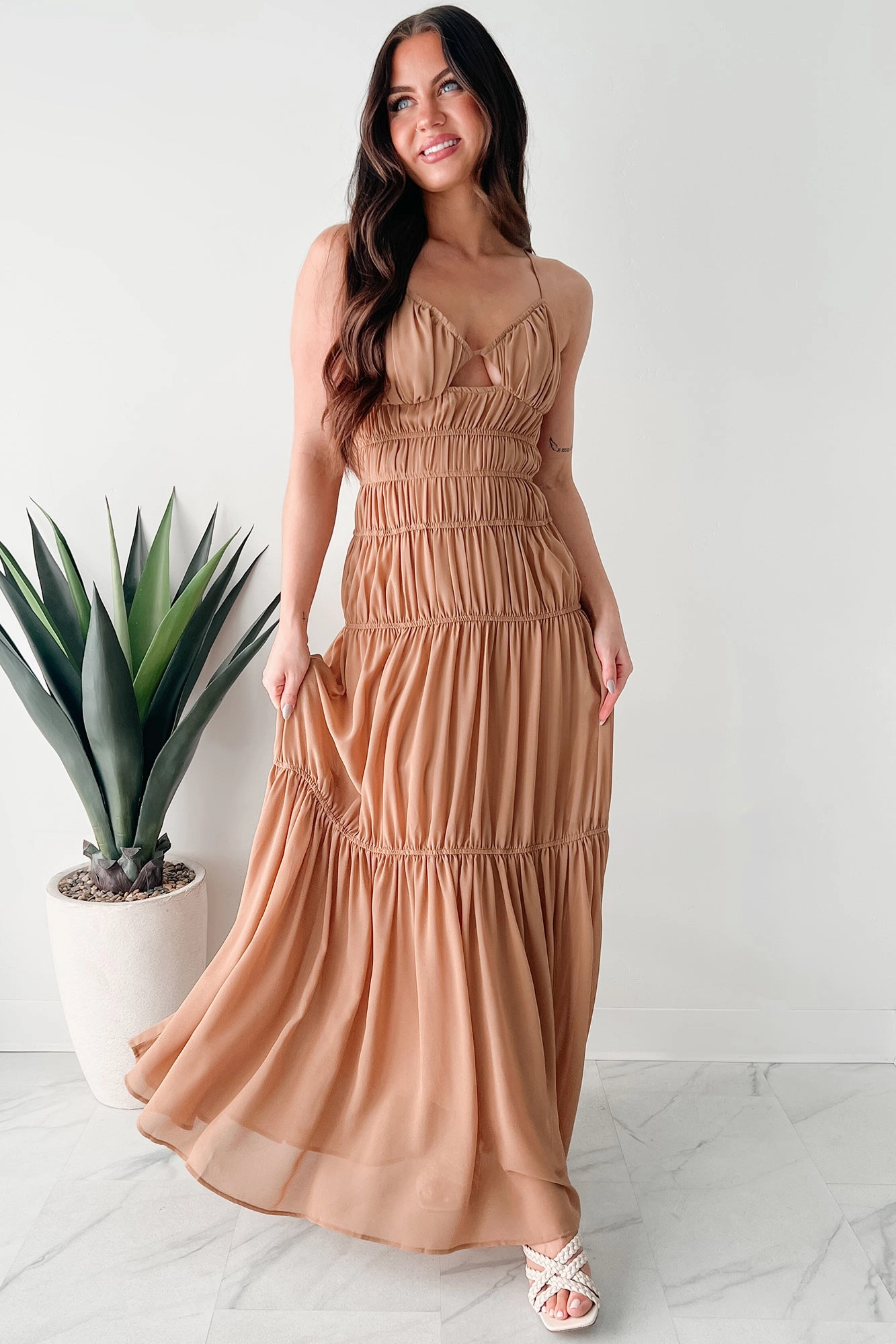 Neutral-Shade Strolling In Sicily Ruched Maxi Dress (Tan)