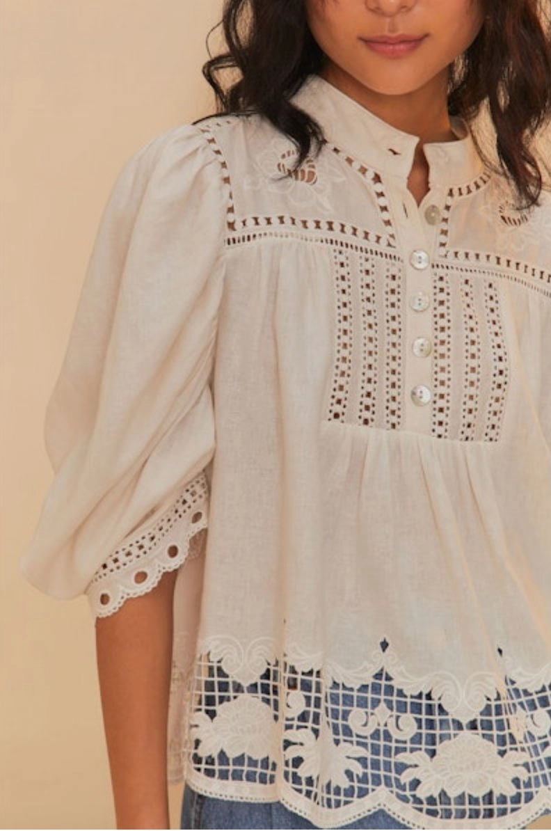 ReflectiveDetails Romantic Richelieu Short Sleeve Blouse Off-White