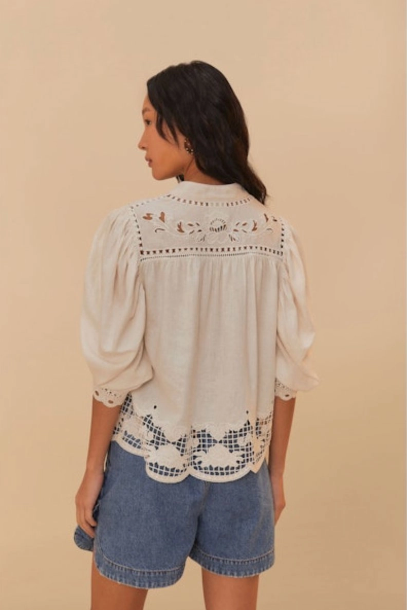 Romantic Richelieu Short Sleeve Blouse Off-White AdjustableCuffs AthleisureInspired