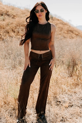 Chilly Day Ready Unmatched Charm Lace-Up Suede Pants (Brown)