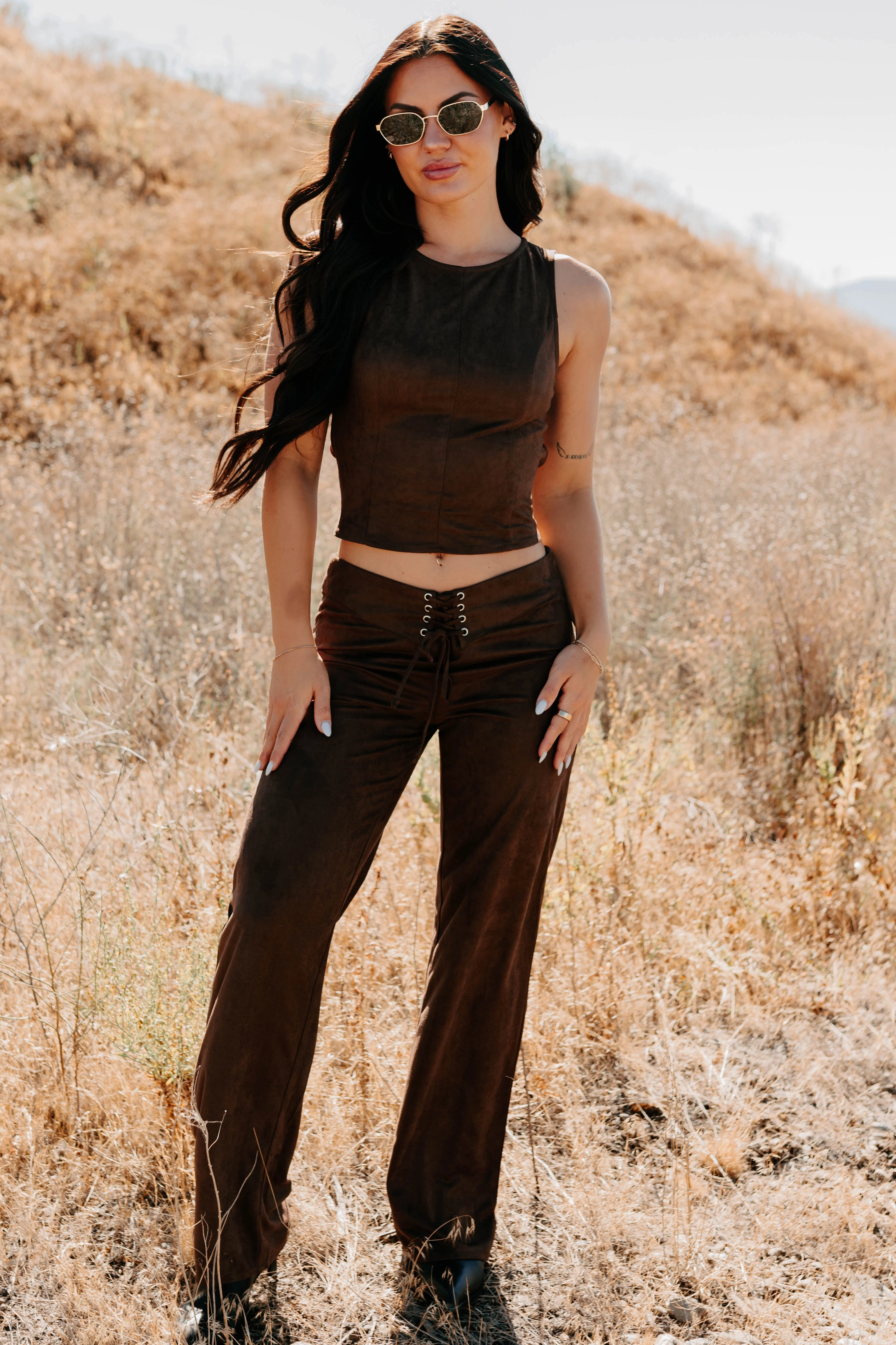 Unmatched Charm Lace-Up Suede Pants (Brown) Quick Movement Wear