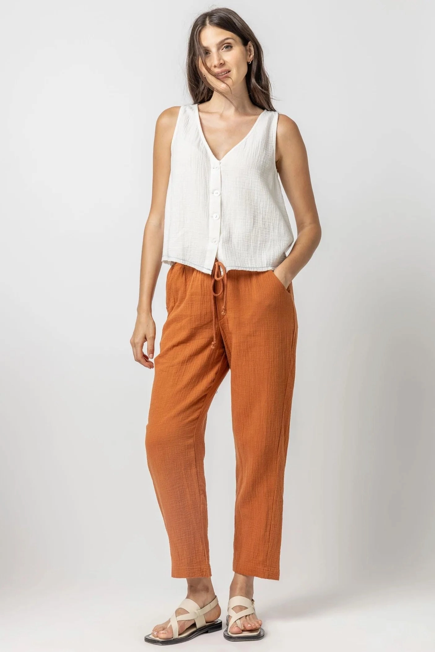 Button front Smart Style Straight Leg Gauze Pant Sienna