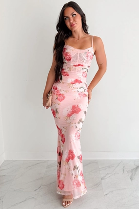 Daydream With You Floral Mesh Corset Maxi Dress (Pink) Urban Fit Versatile sundress