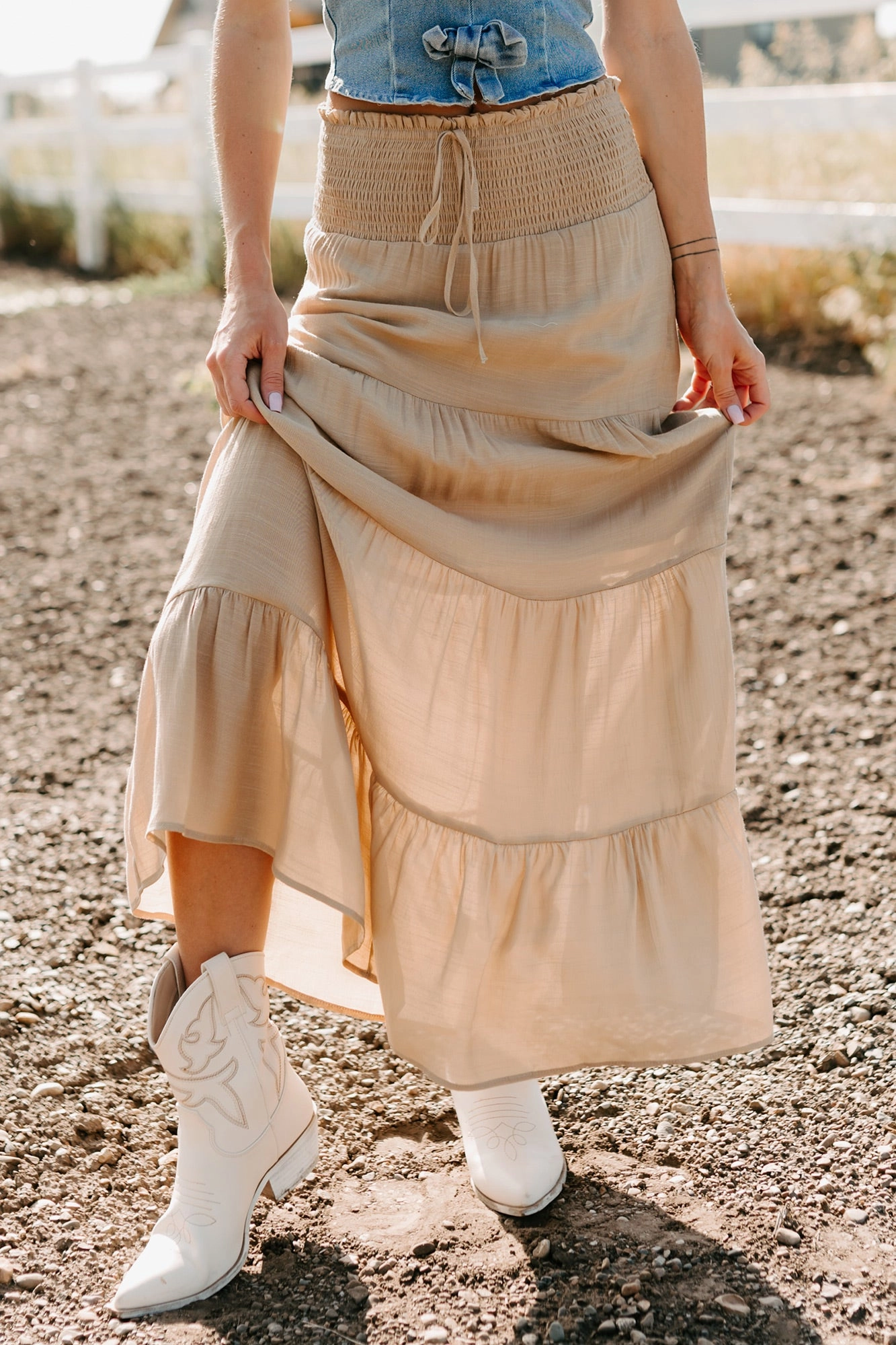 Ocean Serenade Tiered Maxi Skirt (Khaki) TouchscreenCompatiblePockets Timeless Appeal