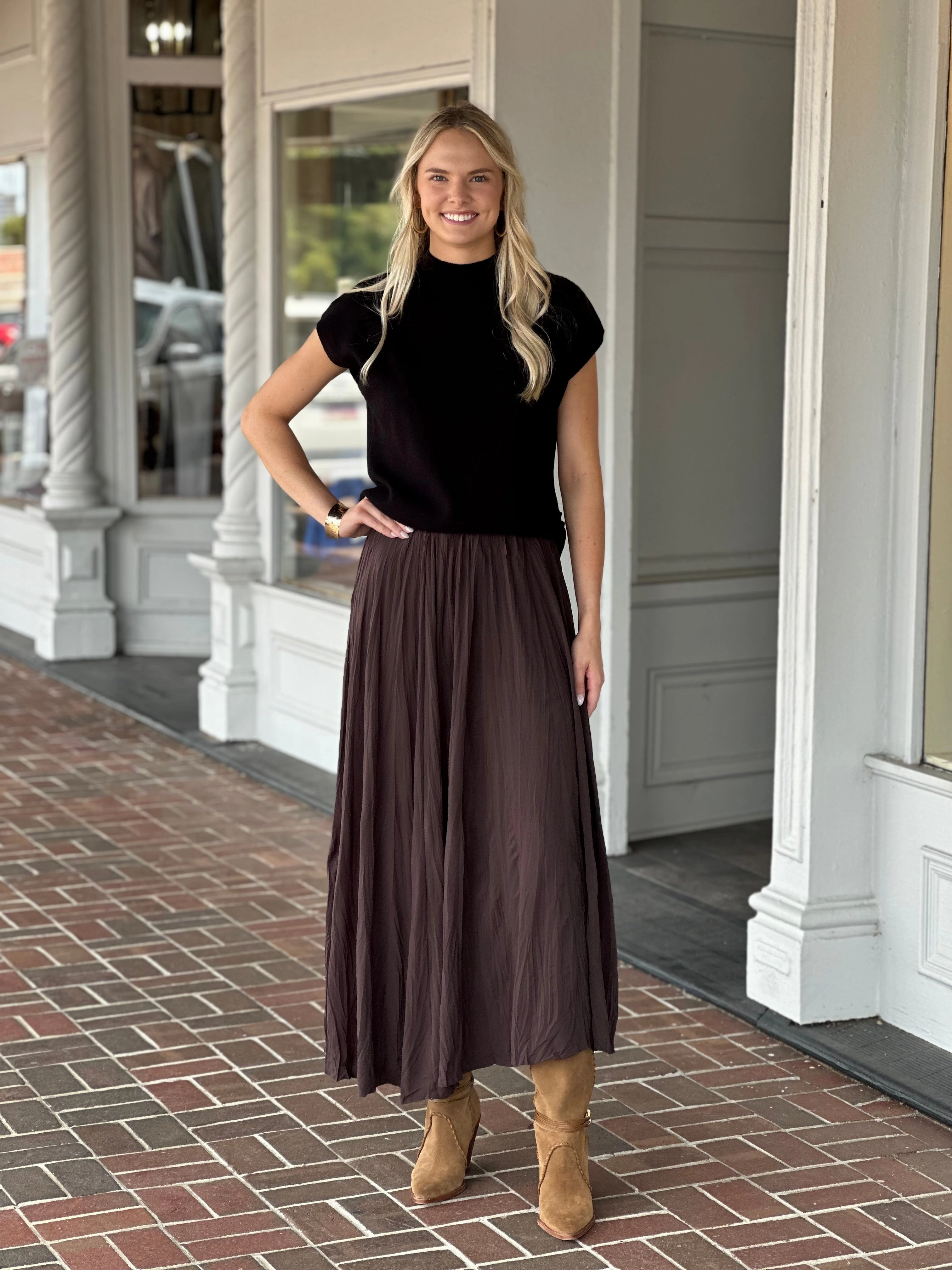 Brown Elastic Waist Pleated Midi Skirt Resort Vacation Seasonal Must Have