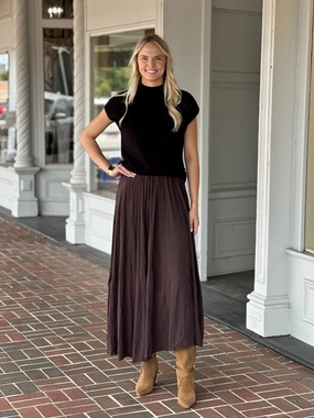 Brown Elastic Waist Pleated Midi Skirt Chic Fit Fresh Fit