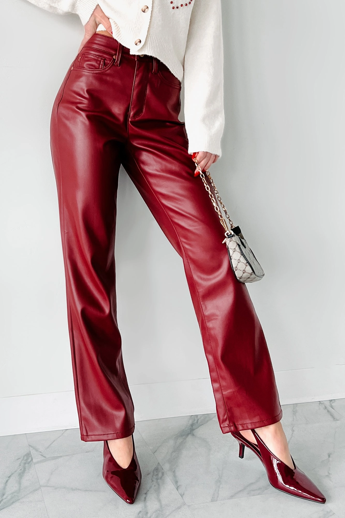 Lexly Judy Blue High Rise Tummy Control Faux Leather Pants (Red) TaglessComfort Free Movement