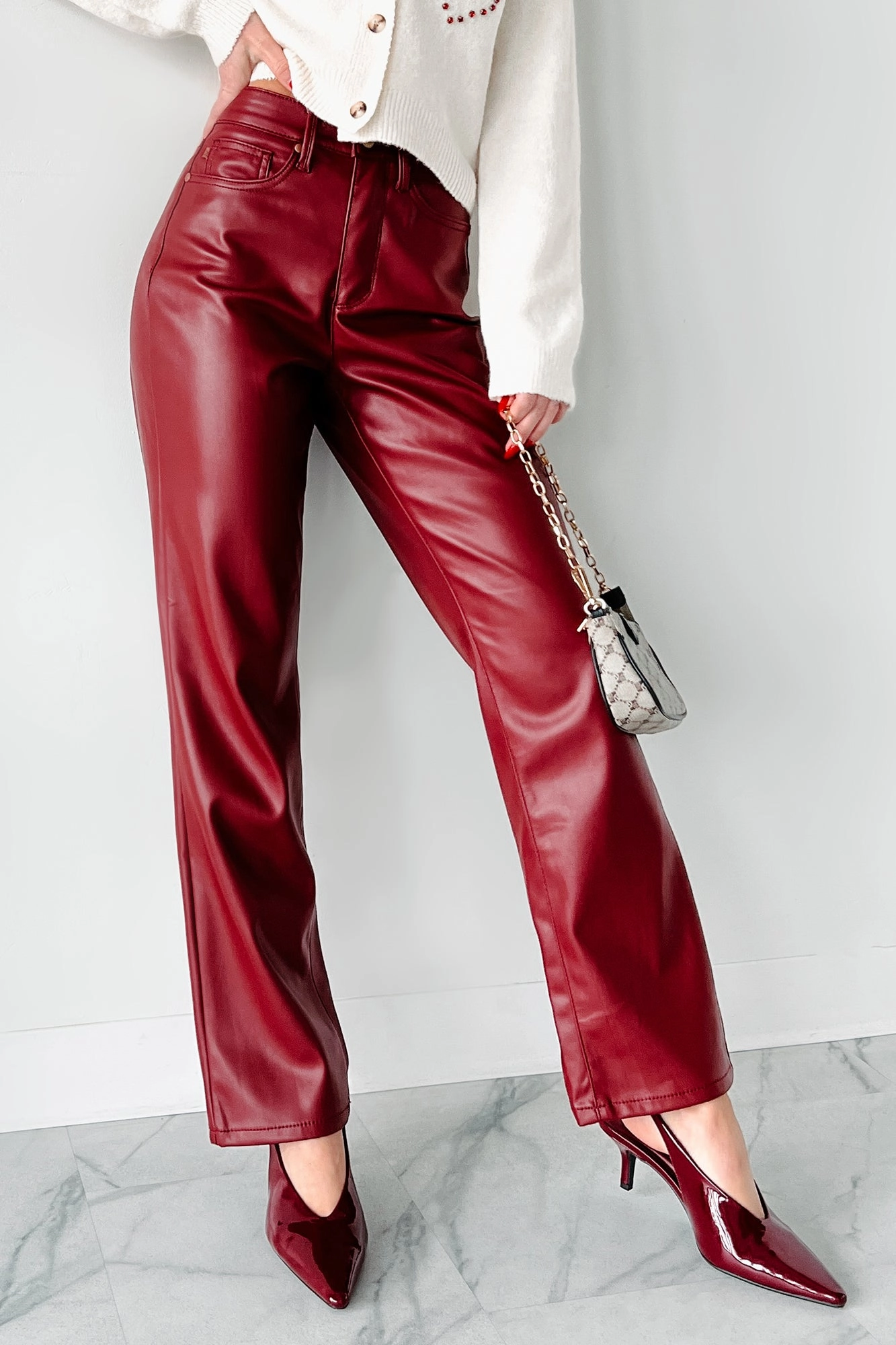 Hygienic Inner Layer Timeless Design Lexly Judy Blue High Rise Tummy Control Faux Leather Pants (Red)