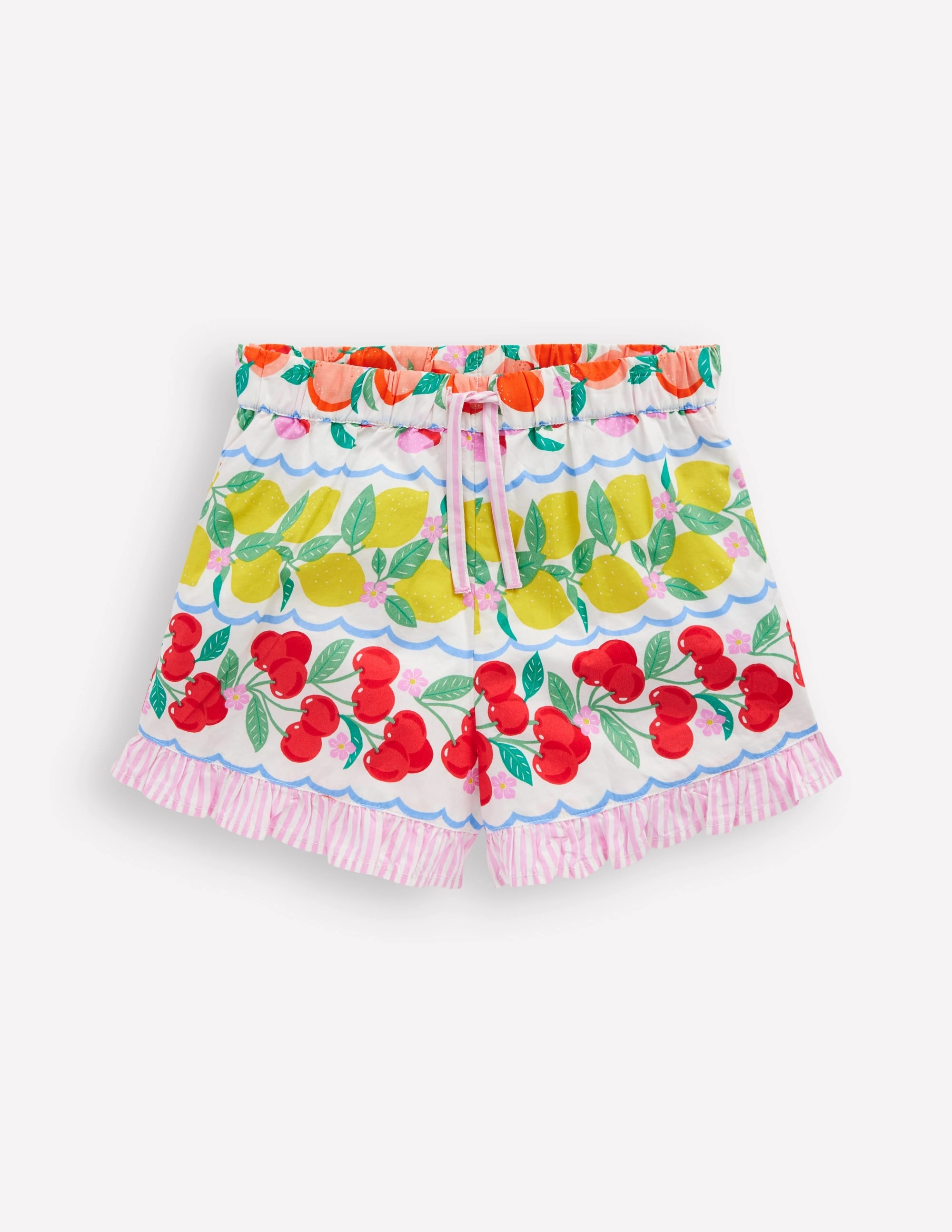 Elastic Band Juniper Woven Frill Shorts-Rainbow Fruit Stripe