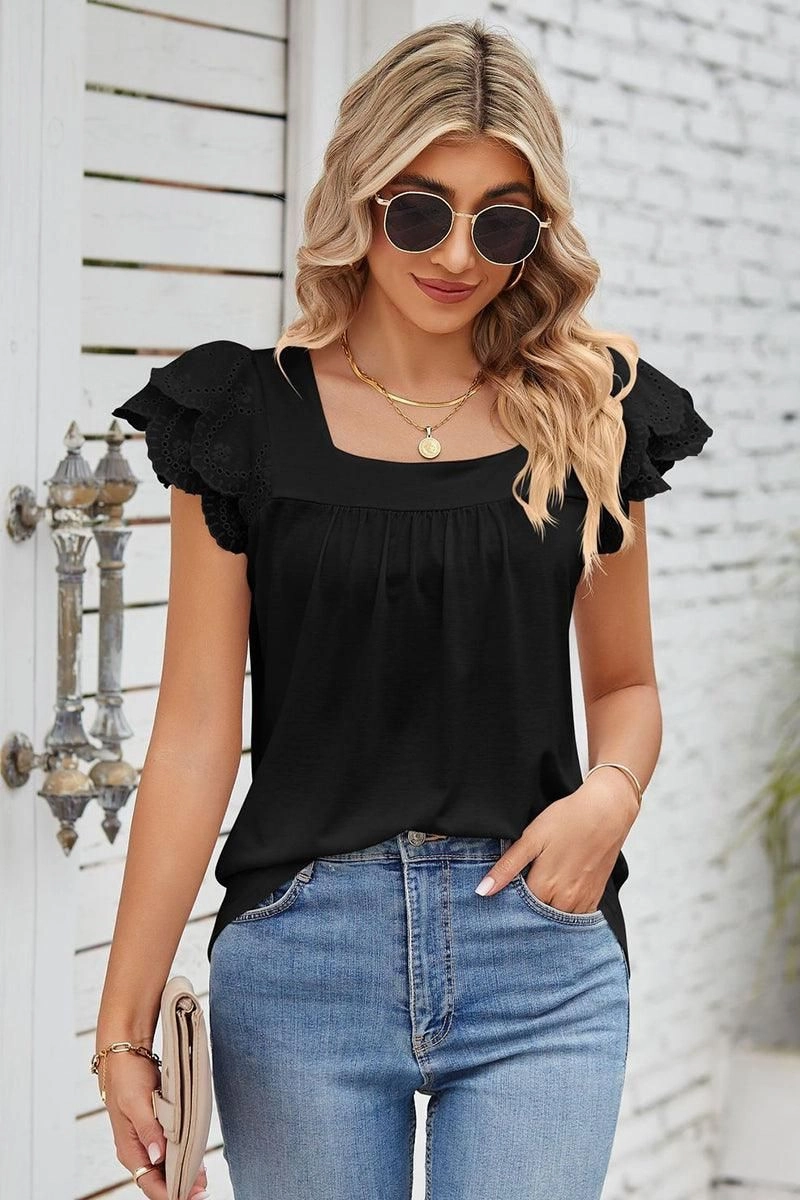 PUNCHING LACE ANGEL SLEEVE SQUARE NECK TUNIC TOP UV Protective Coating