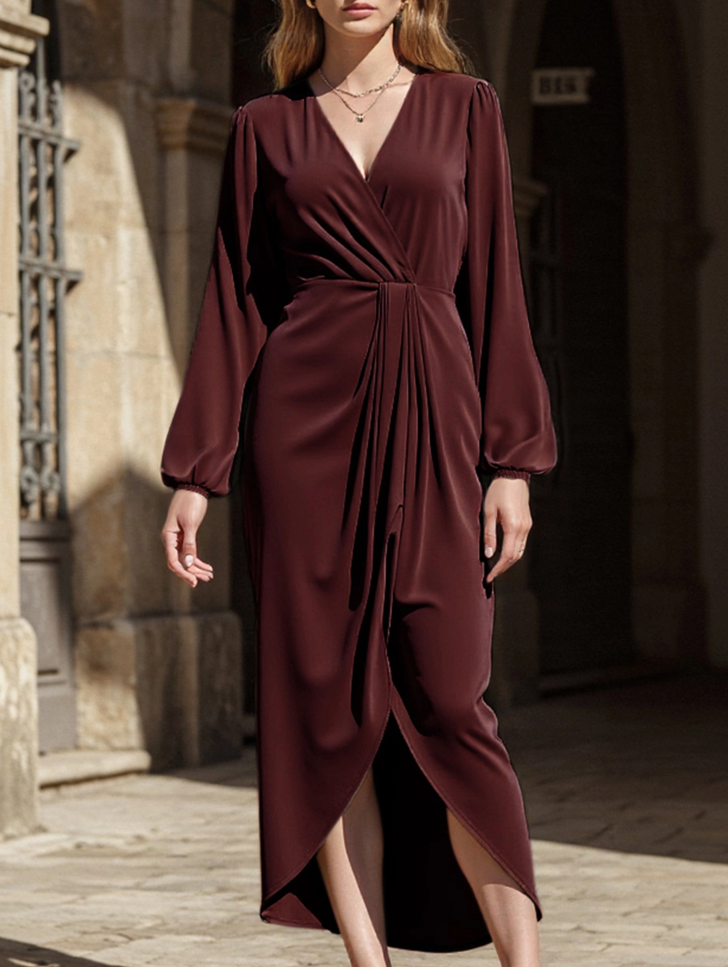 LONG-SLEEVED DRESS WITH CROSS-NECK PLEATS AND SLIT Vibrant pattern Casual Comfort