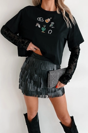 Ain't She Something Velvet Sleeve Western Tee (Black) Reflective Accent Trim Loose Tee