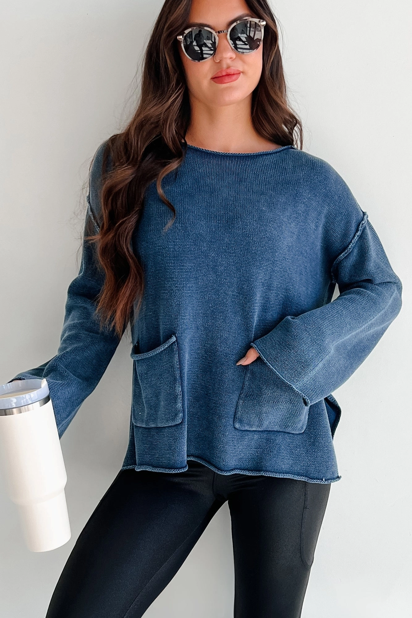 Cool Weather Lightweight Blouse Humor Me Pocketed Sweater Top (Midnight Blue)