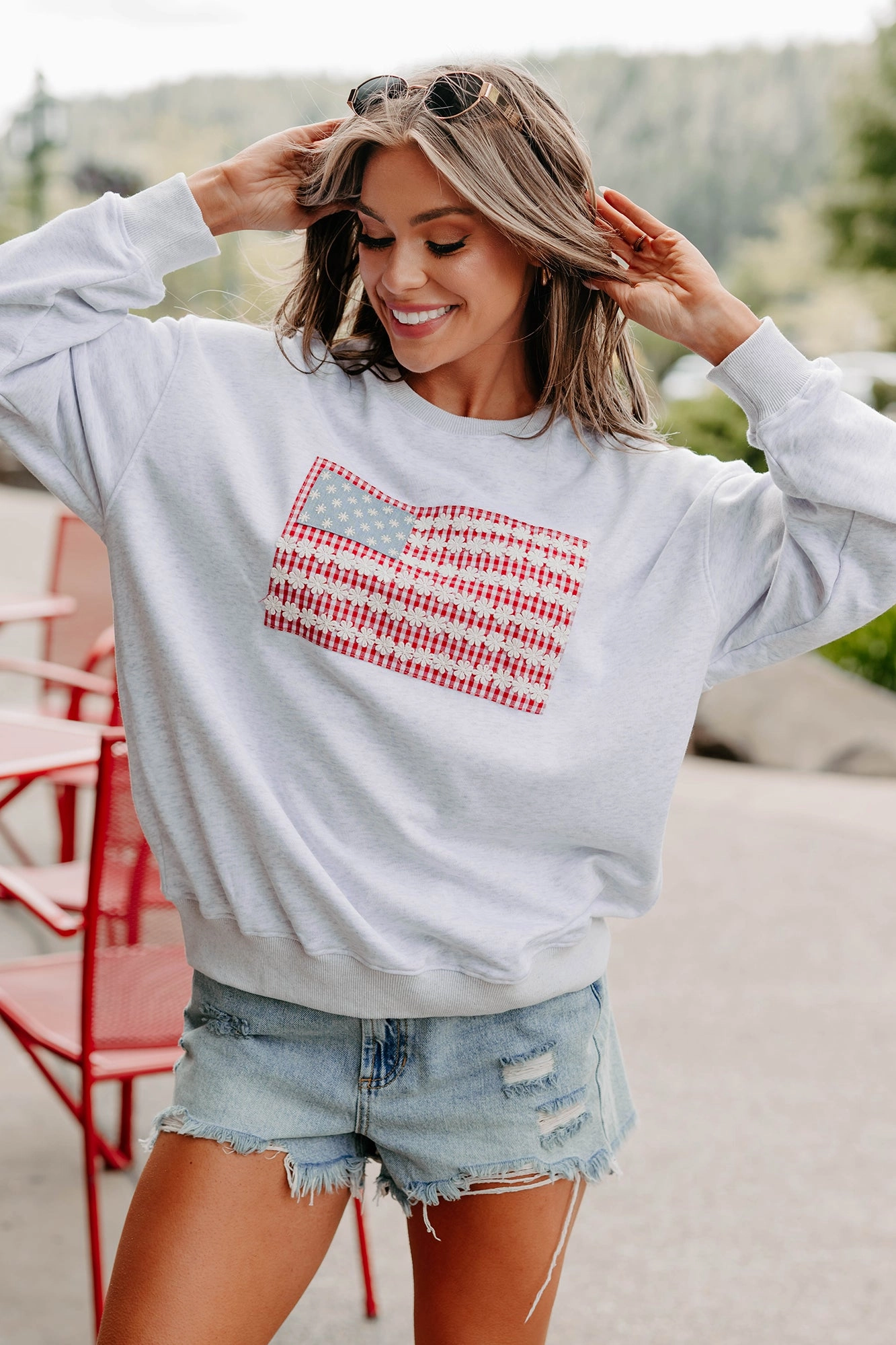 anti static coating Temperature Control Fabric Wild & Waving USA Flag Sweatshirt (Grey)