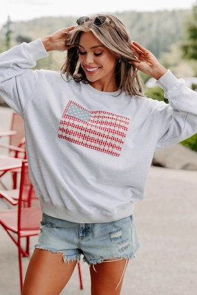 HiddenVentilationPockets Ergonomic Fit Design Wild & Waving USA Flag Sweatshirt (Grey)