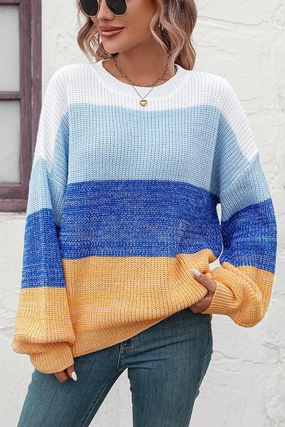 Eco Friendly Material WOMEN RIBBED CREW NECK COLOR BLOCK SWEATER
