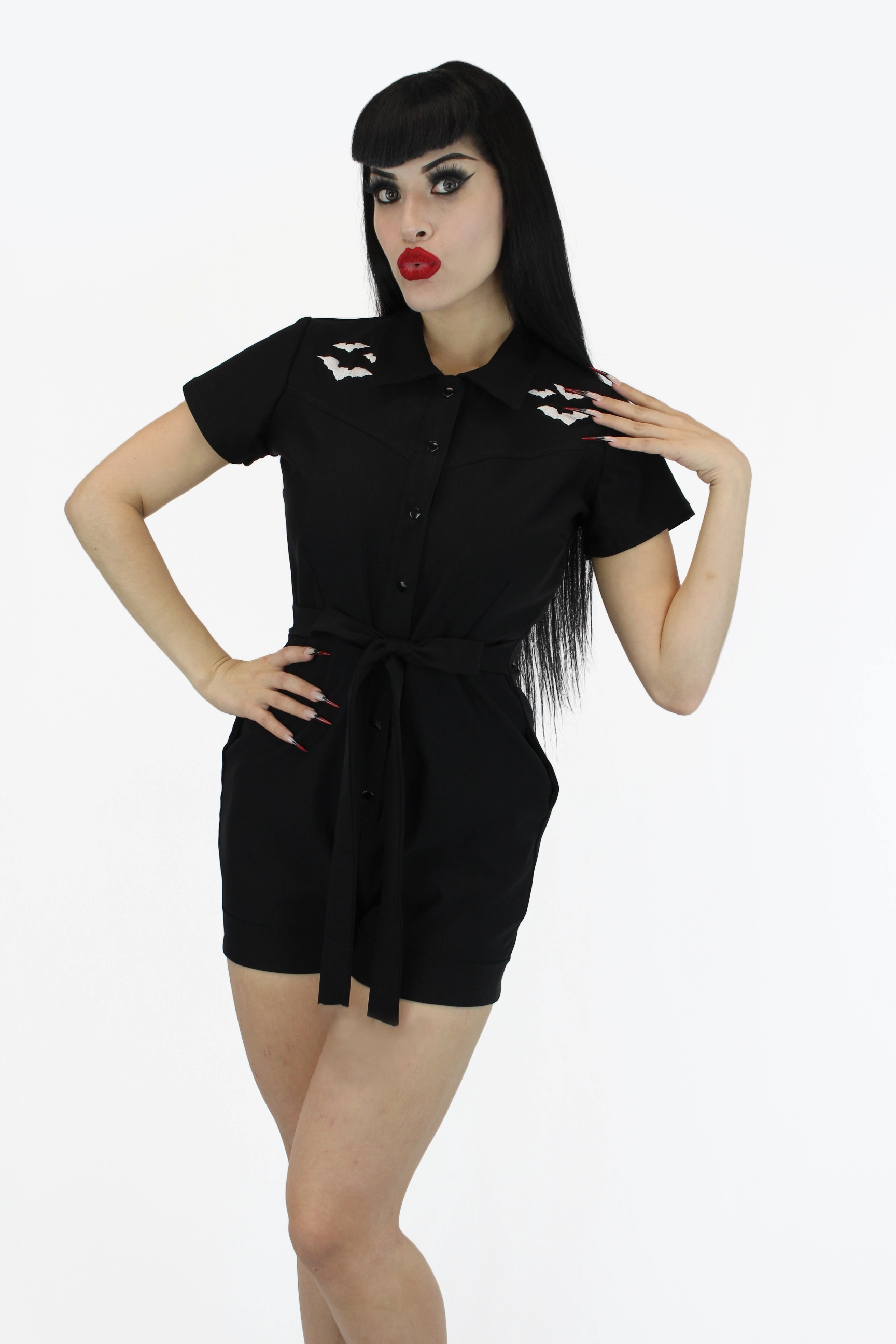 Stretchy Bat Black Romper With Belt Fine Trendy Versatile Cool
