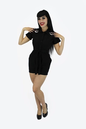 Active Urban Night Traveler Stretchy Bat Black Romper With Belt