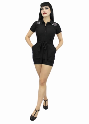 Clean Slim Essential Basic Stretchy Spiderweb Black Romper With Belt #E-SWBR