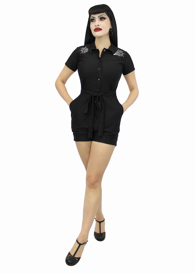 Shopping Retro Breathable Office Stretchy Spiderweb Black Romper With Belt #E-SWBR