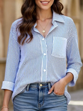 UV Protection STRIPED BAGGY LAPEL LONG-SLEEVED BUTTON-UP SHIRT
