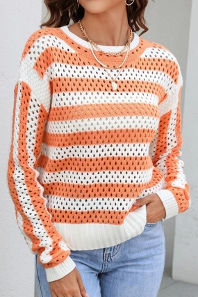 WrinkleResistantFinish EasyClean STRIPED COLOR BLOCK CREW NECK HOLLOW KNIT SWEATER