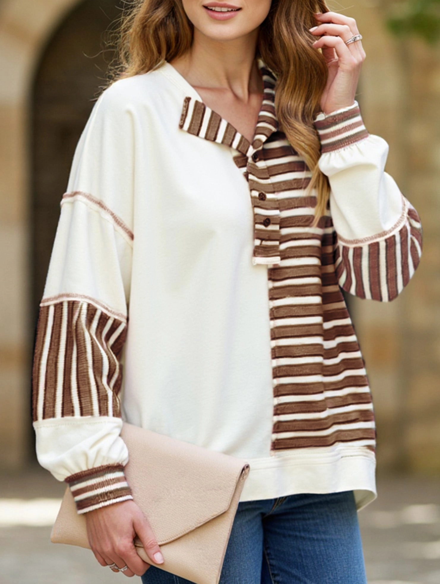 NoSlipGripperBand Striped loose casual sweatshirt