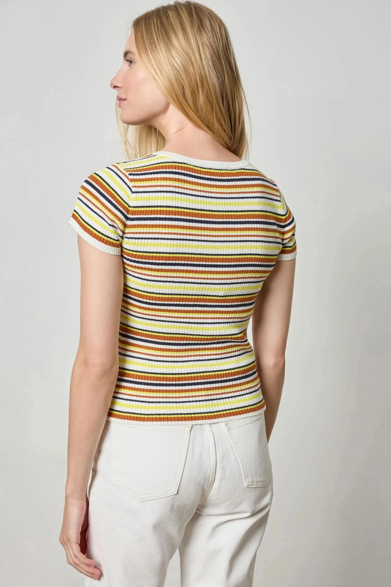 DoubleStitchedHem Wear Resistant Fabric Striped Short Sleeve Henley White Stripe