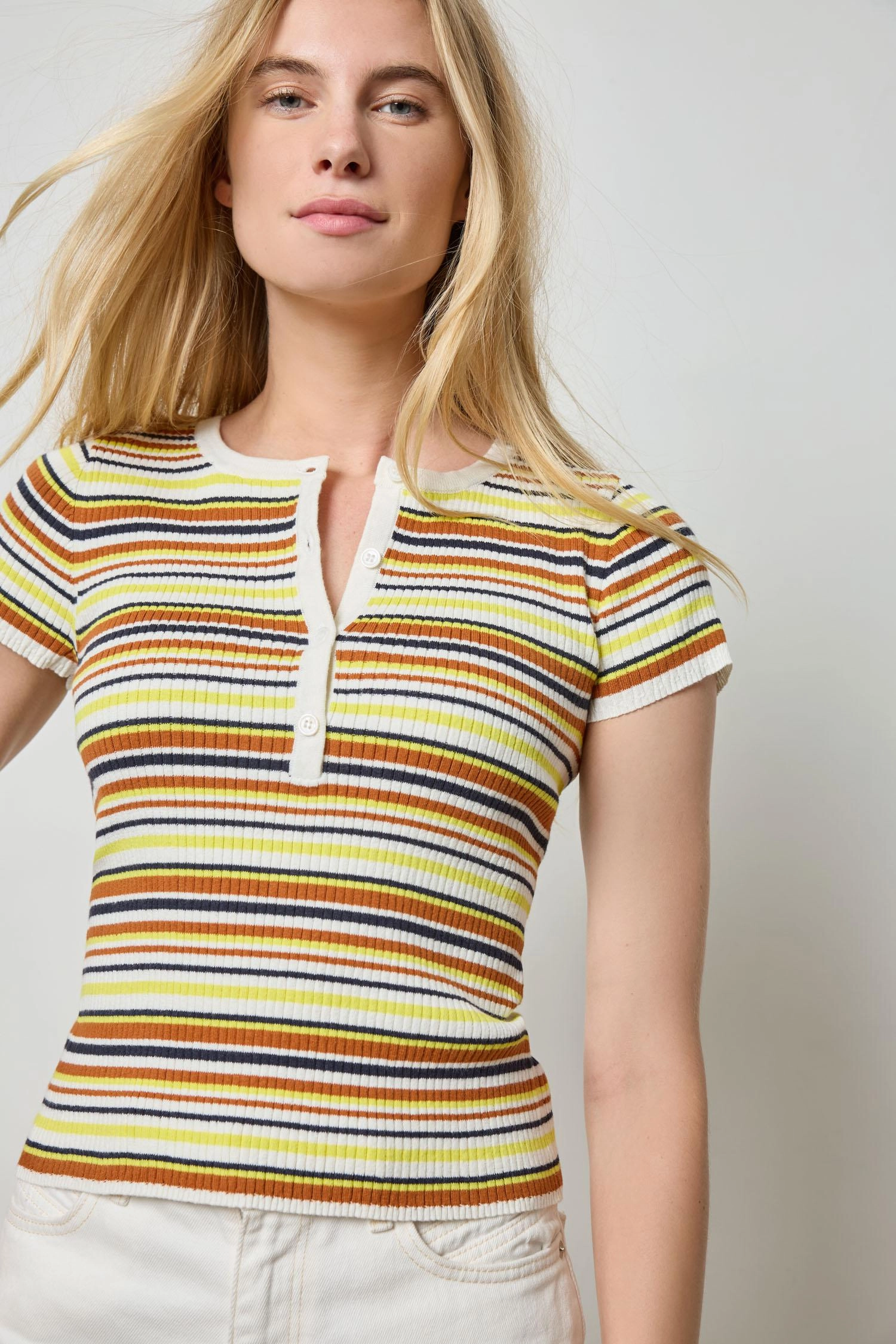 Striped Short Sleeve Henley White Stripe Durable Reinforced Hem Classic Crewneck Design