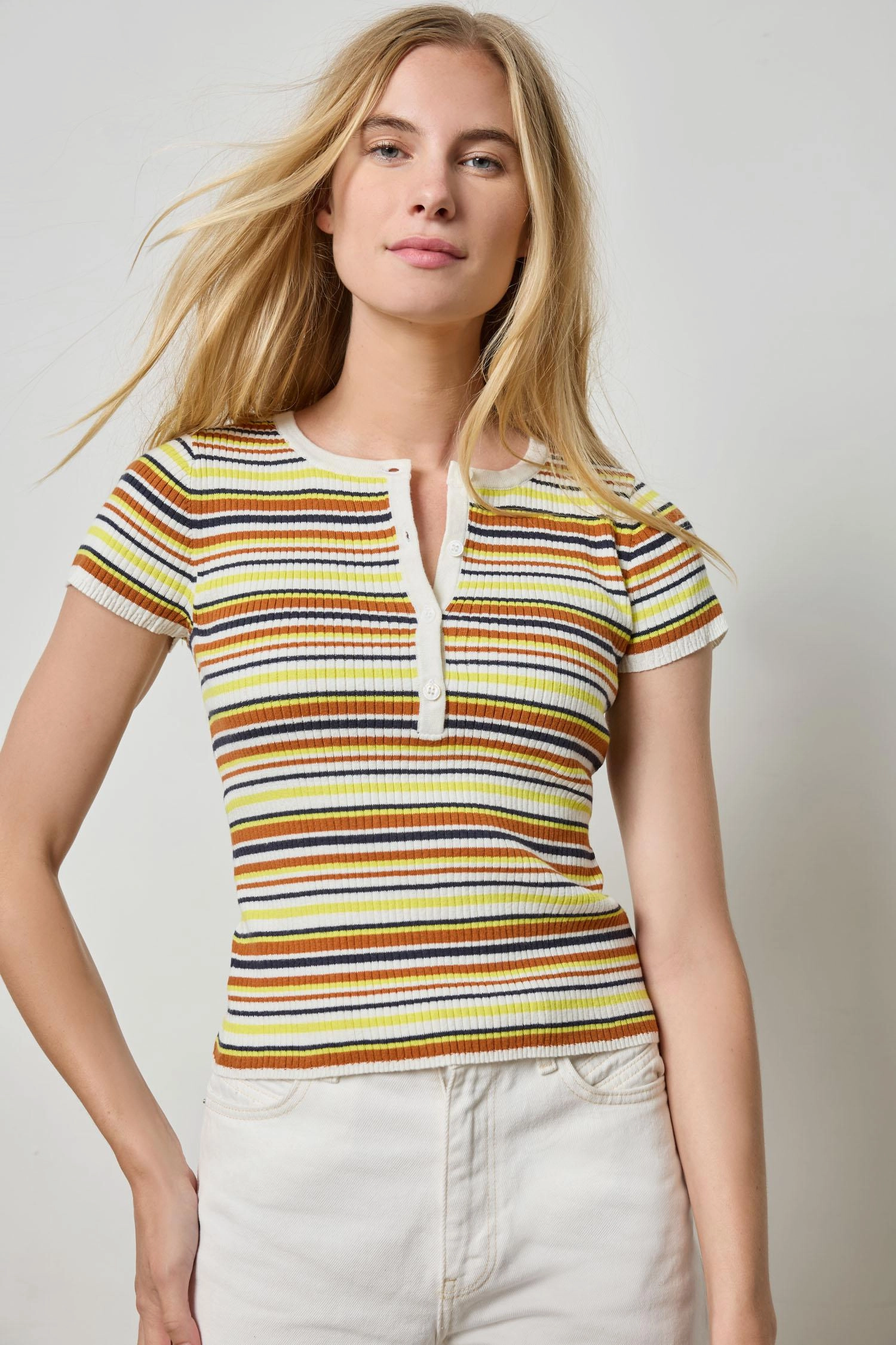 Striped Short Sleeve Henley White Stripe Quick Release Fastener