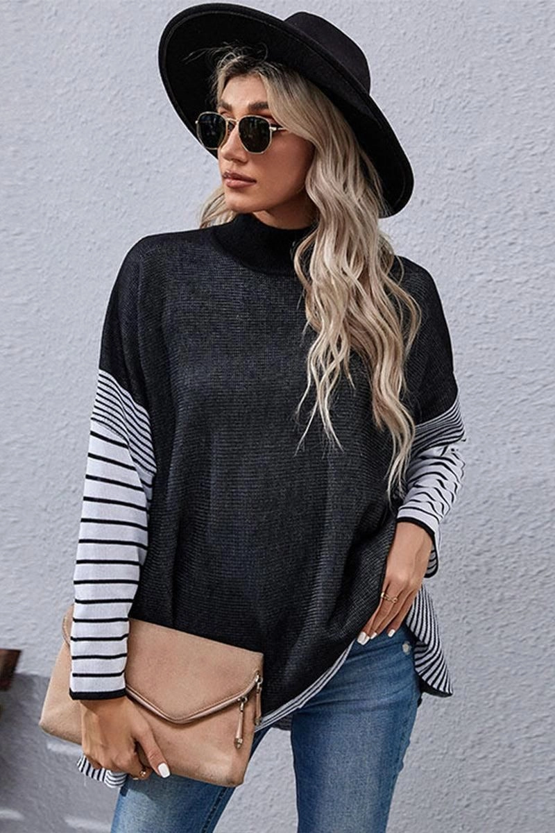 VentilatedMesh MultiPanel Design STRIPED SLEEVE HIGH NECK LOOSE FIT CASUAL SWEATER