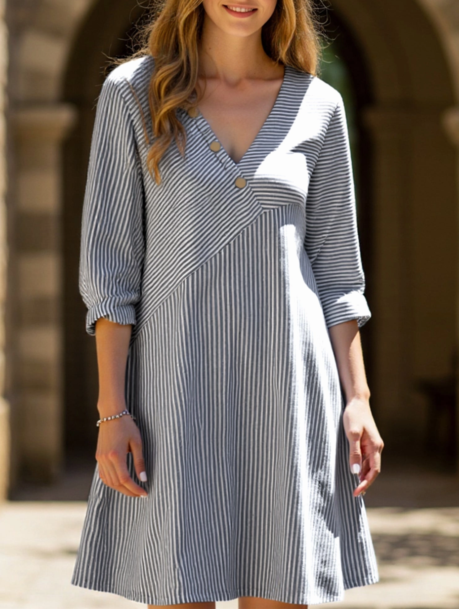 Striped V-neck casual dress Travel Style Mood Flex
