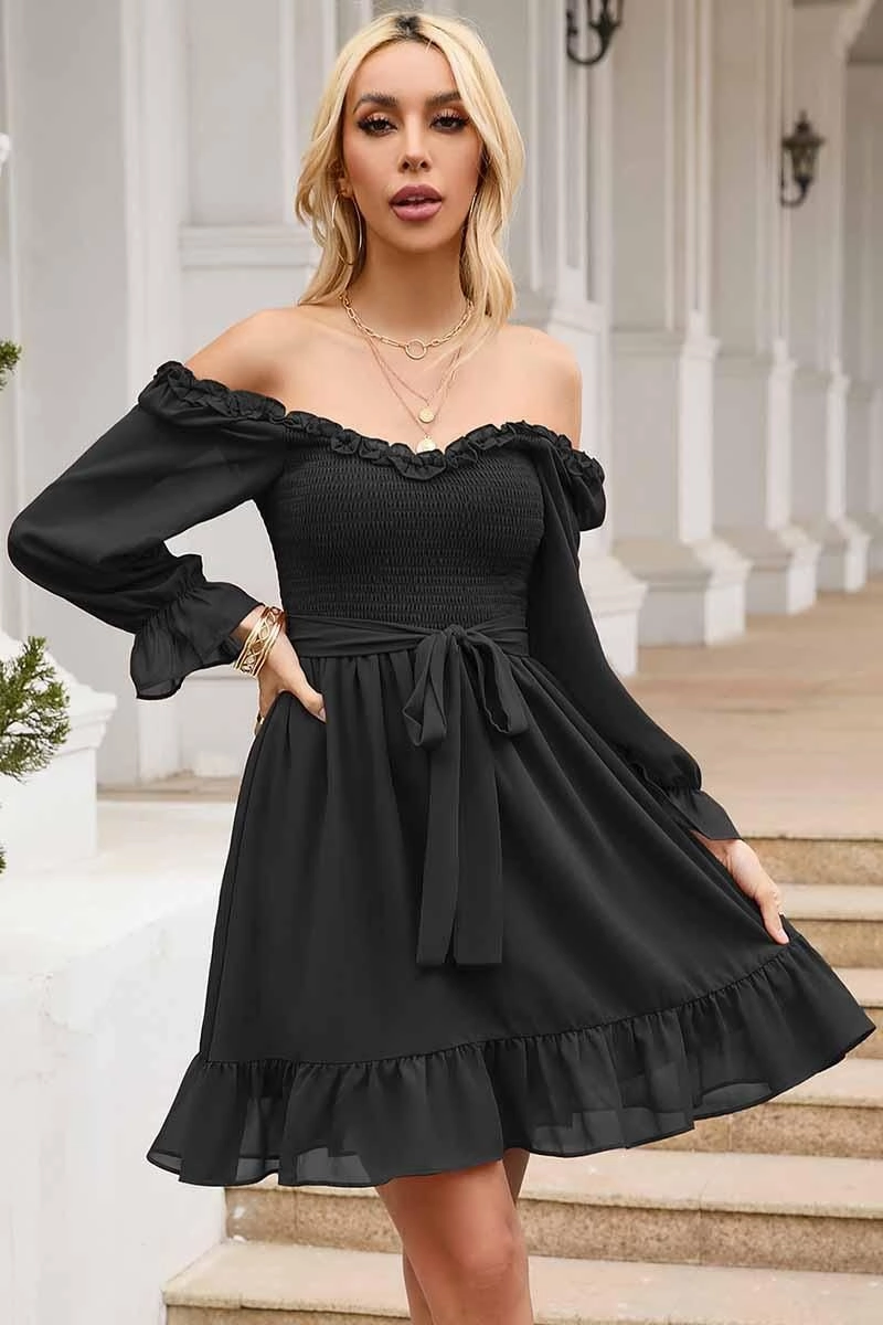 SHORT SQUARE NECK FRILL FLARE DRESS Quick Look