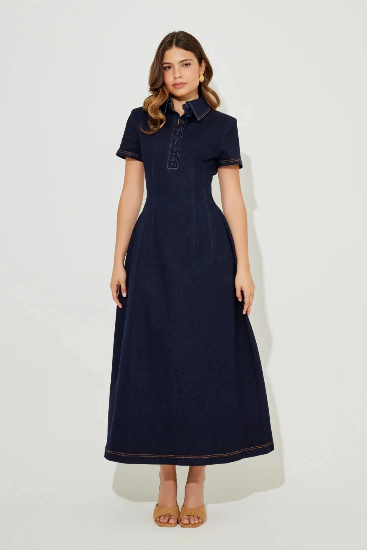 Smooth Design Sleek Flow The Ultimate Muse Denim Collared Midi Dress Blue