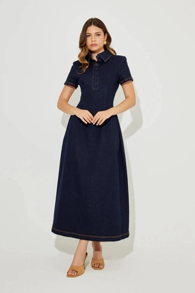 The Ultimate Muse Denim Collared Midi Dress Blue Pop Texture